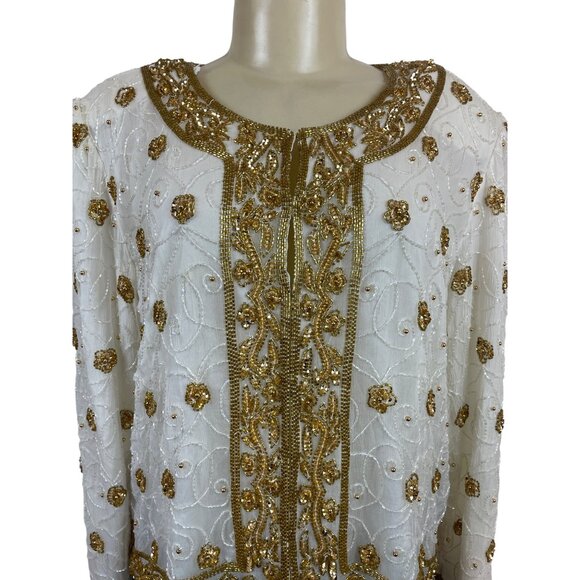 Mark & John Vintage White & Gold Sequined Beaded Jacket With Floral Design Sz XL - Picture 5 of 12